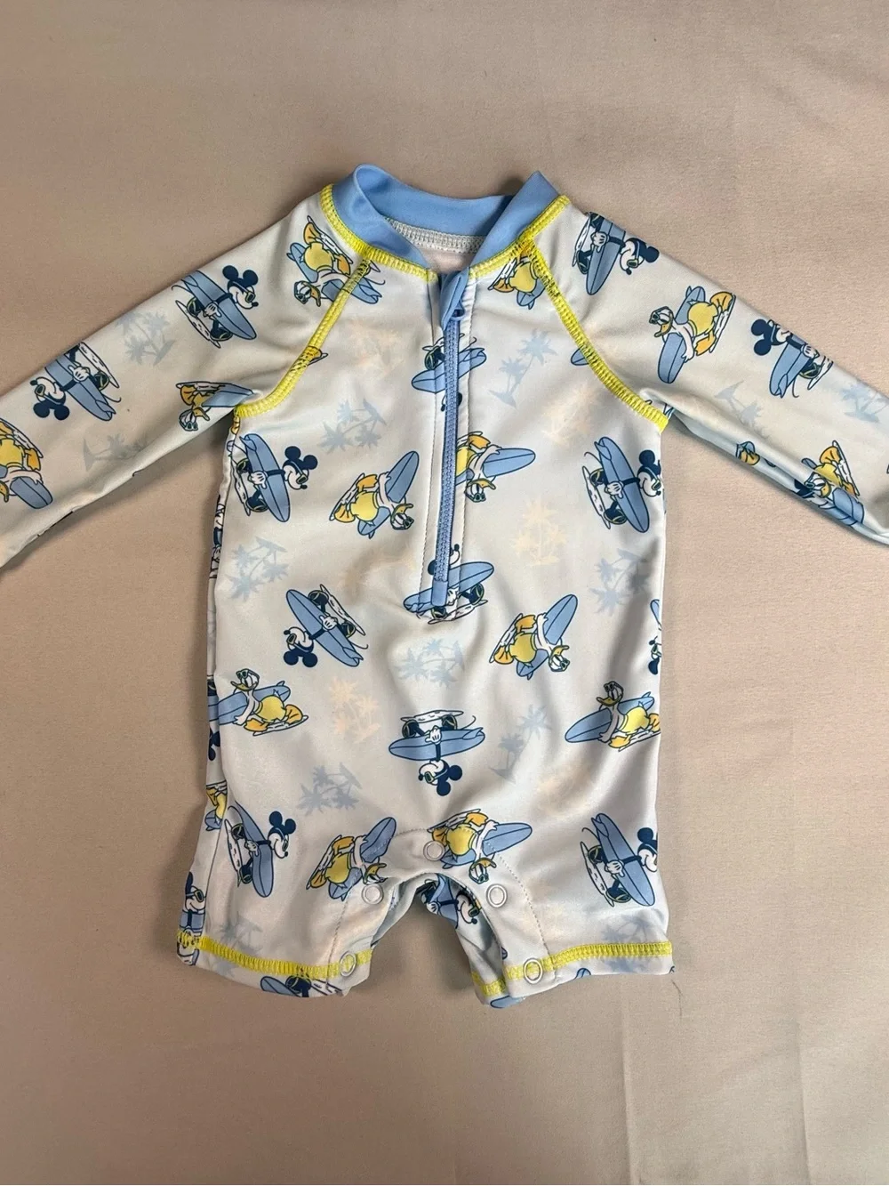Disney Baby Light Blue, Yellow, Navy Surfing Mickey Rashguard Swimsuit 6M